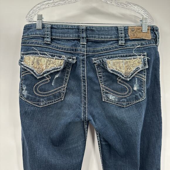 Silver Jeans Womens 33 Blue Suki Surplus Bootcut Gold Sequin Western Distressed - Picture 1 of 13